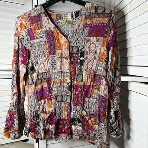Islander Crinkle Rayon Patchwork Button Down Top Women's Lg Roll-Tab Sleeve‎